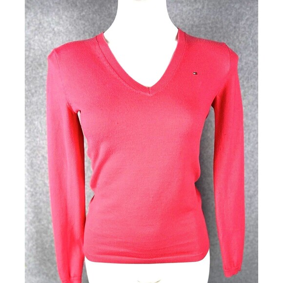 Tommy Hilfiger Pink Prima Cotton V Neck Sweater Womens XS Lightweight Knit - Picture 2 of 16